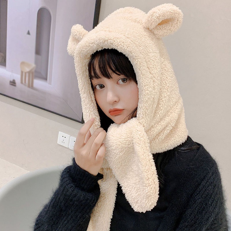 Mũ lông cừu dài kiêm khăn choàng giữ ấm thu đông thời trang cho nữ