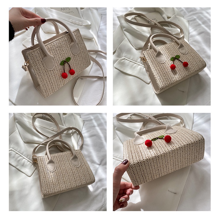 Túi Xách JASMIN NOIR Nữ Đan Rơm Đính Quả Cherry Dễ Thương