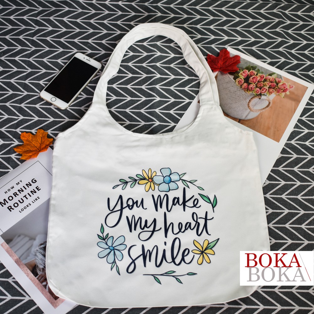 Túi tote xách vai vải canvas giá rẻ You Make My Heart Smile phong cách ulzzang hàn quốc