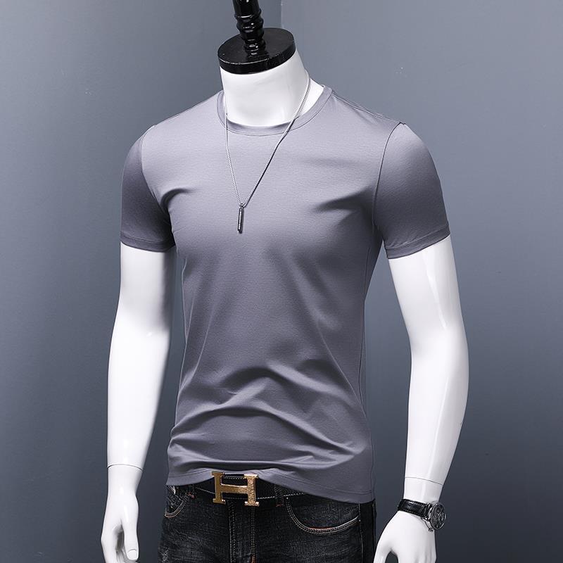 Áo Thun Cotton Lụa Lạnh Tay Ngắn Dáng Ôm Màu Trơn Hai Lớp Phong Cách Đường Phố Cho Nam