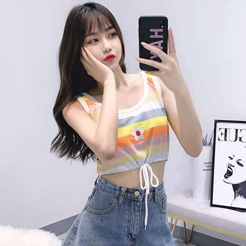 Áo ba lỗ croprop kẻ hoa cúc chất cotton hình thêu, mặc set, mặc rời đều ok