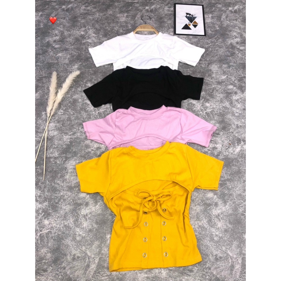 ÁO THUN CROPTOP TAY NGẮN KHOÉT NGỰC PHỐI DÂY CỘT SIÊU XINH FSHP10