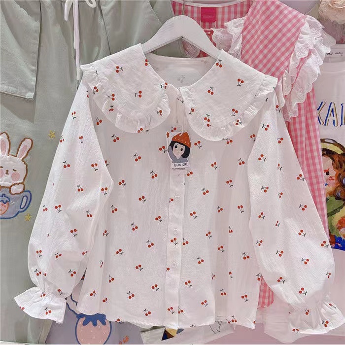 Áo Sơ Mi Nữ Tay Dài Cổ Búp Bê In Hình Quả Cherry Phong Cách Hàn Quốc Baju Baju Wanita Lengan Panjang Hàng Mới Có Sẵn