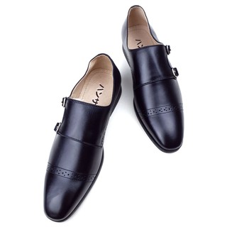 Giày Nam Lười Hansamu HI - Monk strap 2 khoá viền ngang đục lỗ Đen
