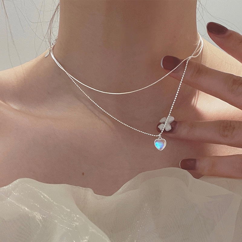 Vòng cổ bạc s925 đính đá mặt trăng hình trái tim mới cho nữ