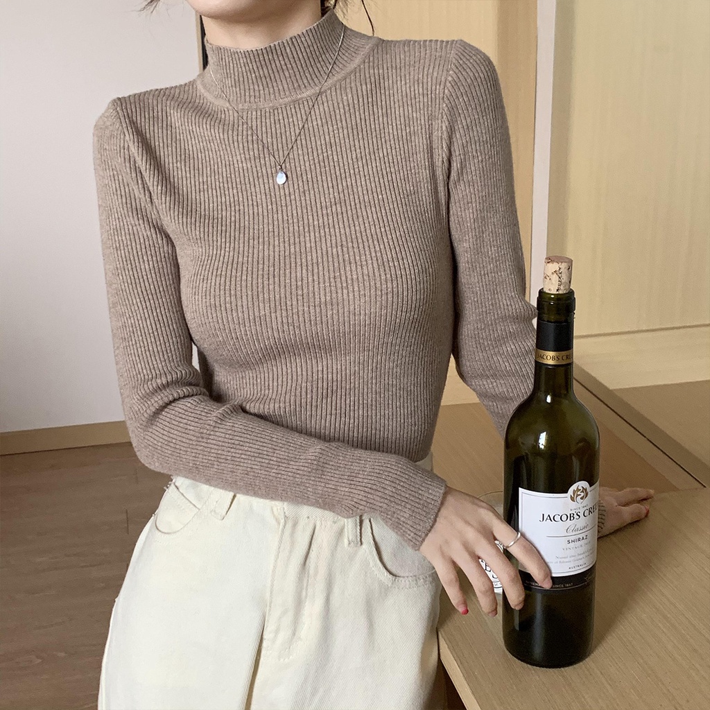 Áo Dệt Kim Tay Dài Cổ Cao Màu Sắc Đơn Giản Cho Nữ