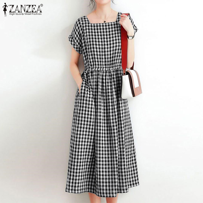 Đầm Lửng ZANZEA Tay Ngắn Họa Tiết Caro Giản Dị Thời Trang Dành Cho Nữ
