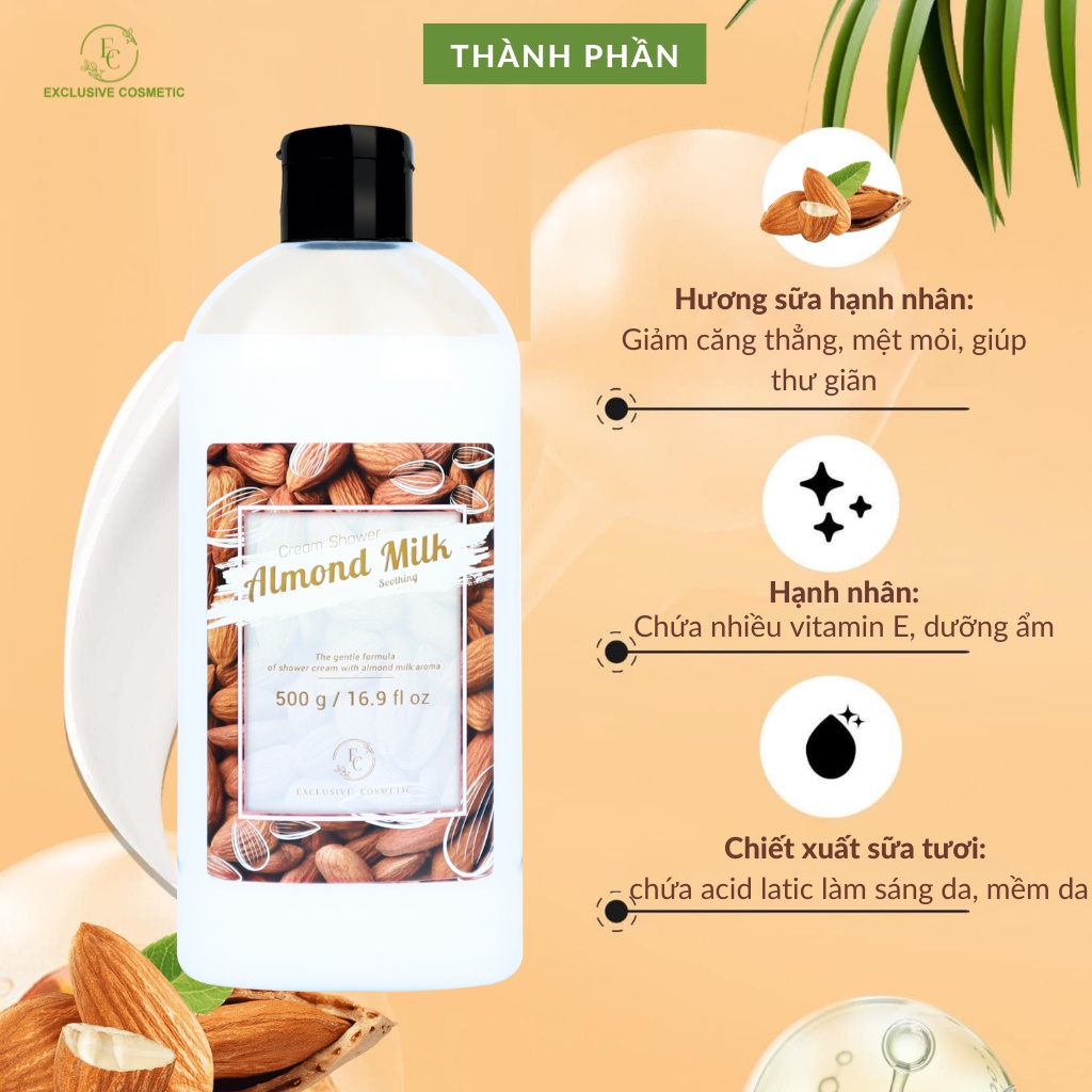 Sữa tắm chiết xuất quả và tinh dầu hạnh nhân EXCLUSIVE COSMETIC Cream Shower Almond Milk 500ml