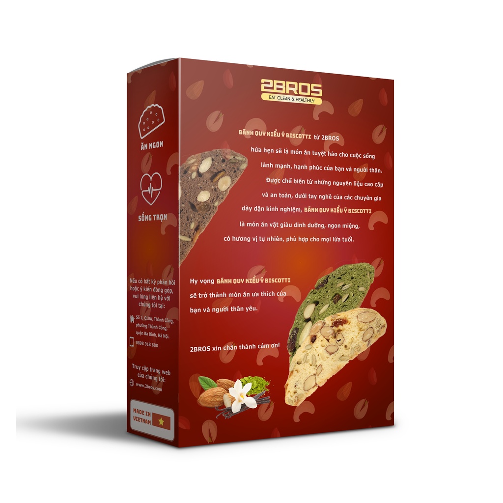 Bánh Biscotti mix 3 vị - Bánh ăn kiêng không đường 2Bros - Dành cho người ăn kiêng, giảm cân, tiểu đường.