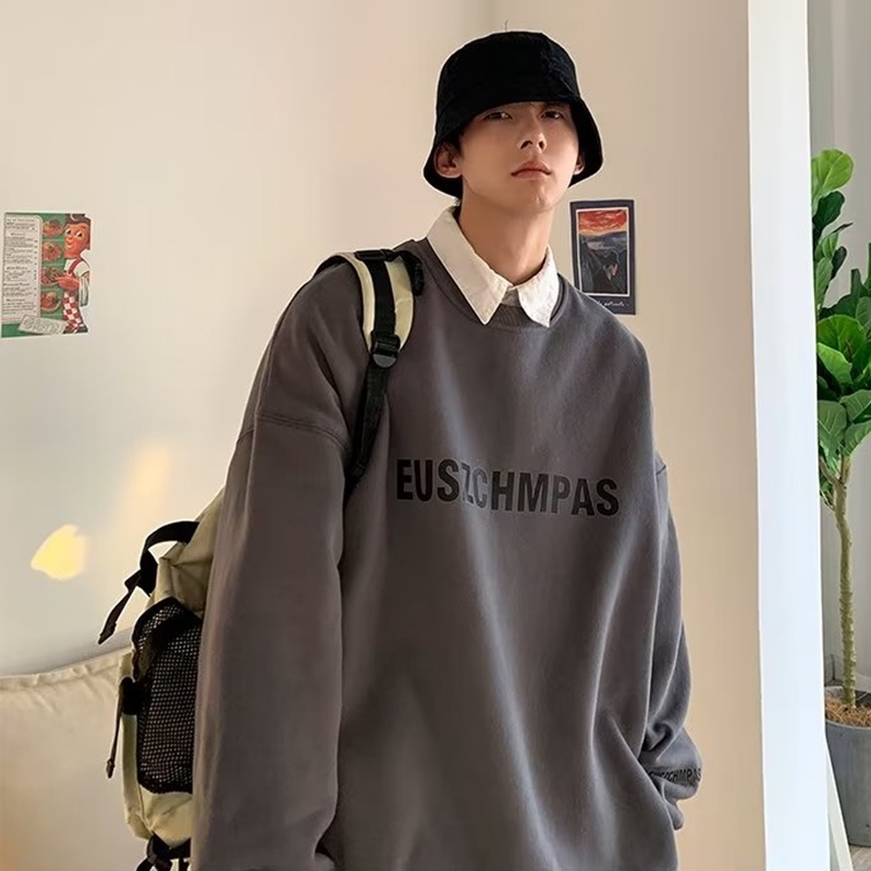 Áo Nỉ Cổ Tròn Dáng Rộng In Chữ Đơn Giản Thời Trang Thu Đông Hàn Quốc Cho Nam Cỡ M-5XL