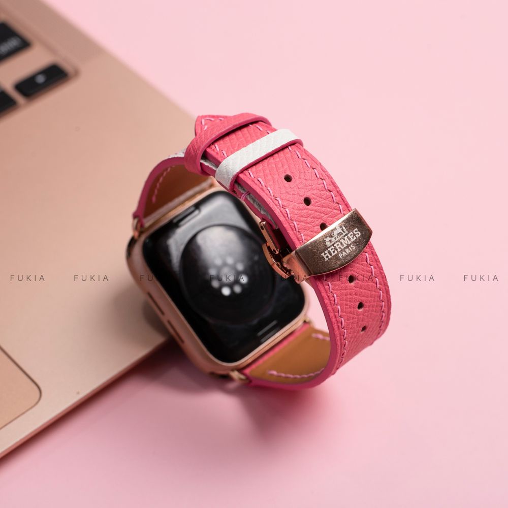 Dây da thủ công Epsom Trắng Mix Hồng Đậm dành cho Apple Watch đồng hồ thông minh Series 1/2/3/4/5/6/7/SE DDTC246