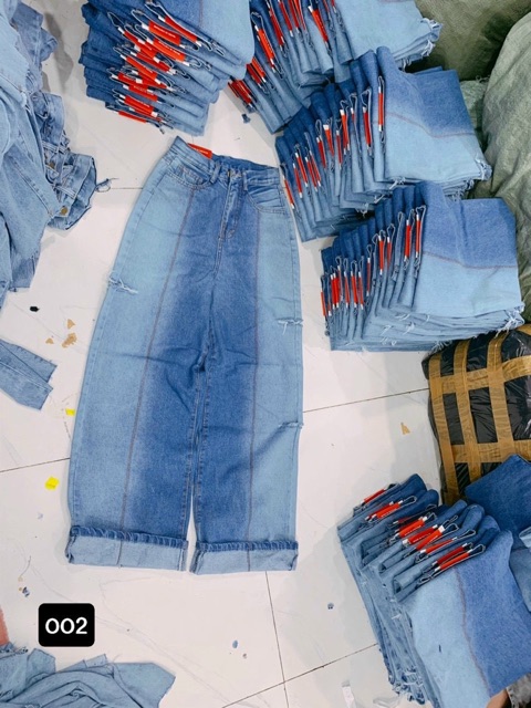 Quần baggy jeans ống rộng, quần bò jean baggy ống rộng lưng cao rách gối phối màu