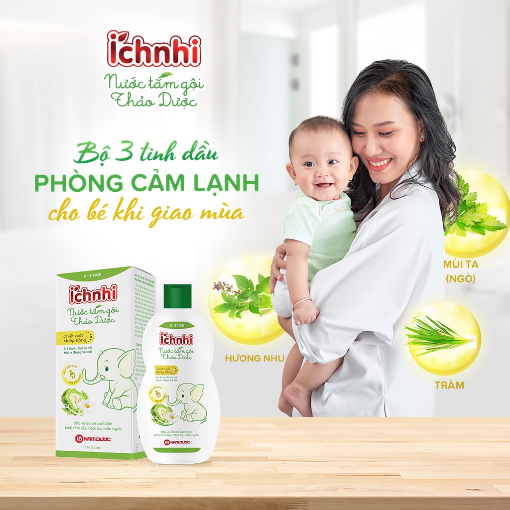 Nước tắm gội thảo dược Ích Nhi lọ 230ml (0-3 tuổi) bảo vệ bé suốt 24h ngừa rôm sảy, hăm da, mẩn ngứa