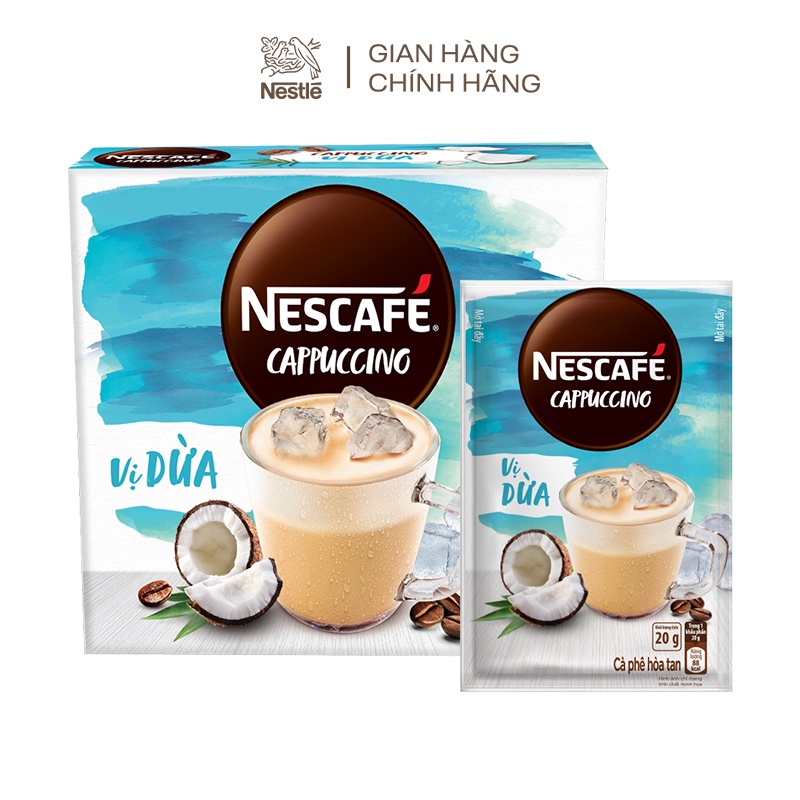 [Tặng 1 ly sứ]Combo 3 hộp cà phê hòa tan Nescafé Nestle bao bì mới: 1Cappuccino dừa+1Cappuccino caramel+1Latte sôcôla