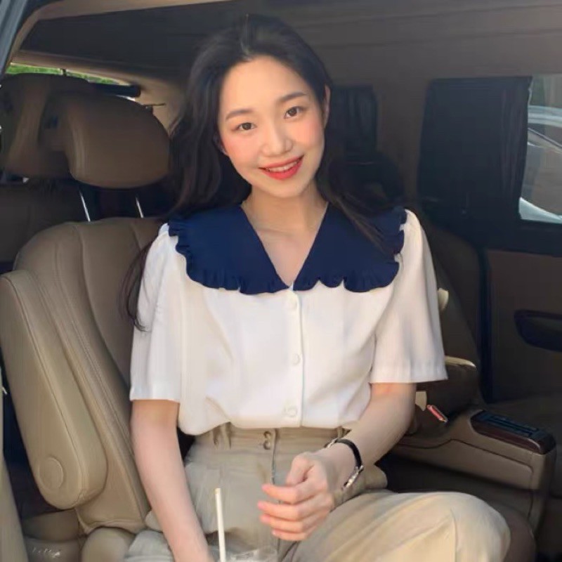 {TRẢ ORDER} Áo sơ mi tay lỡ viền cổ xanh