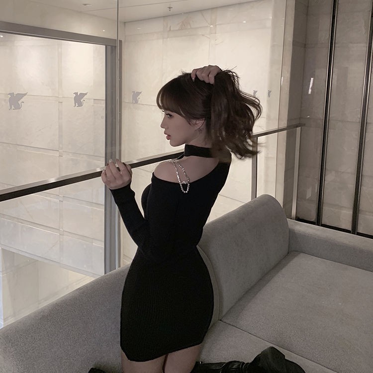 [MURIOKI] Đầm Ôm Dệt Kim Tay Dài Trễ Vai Màu Đen / Hồng Phong Cách Hàn Quốc Quyến Rũ Cho Nữ