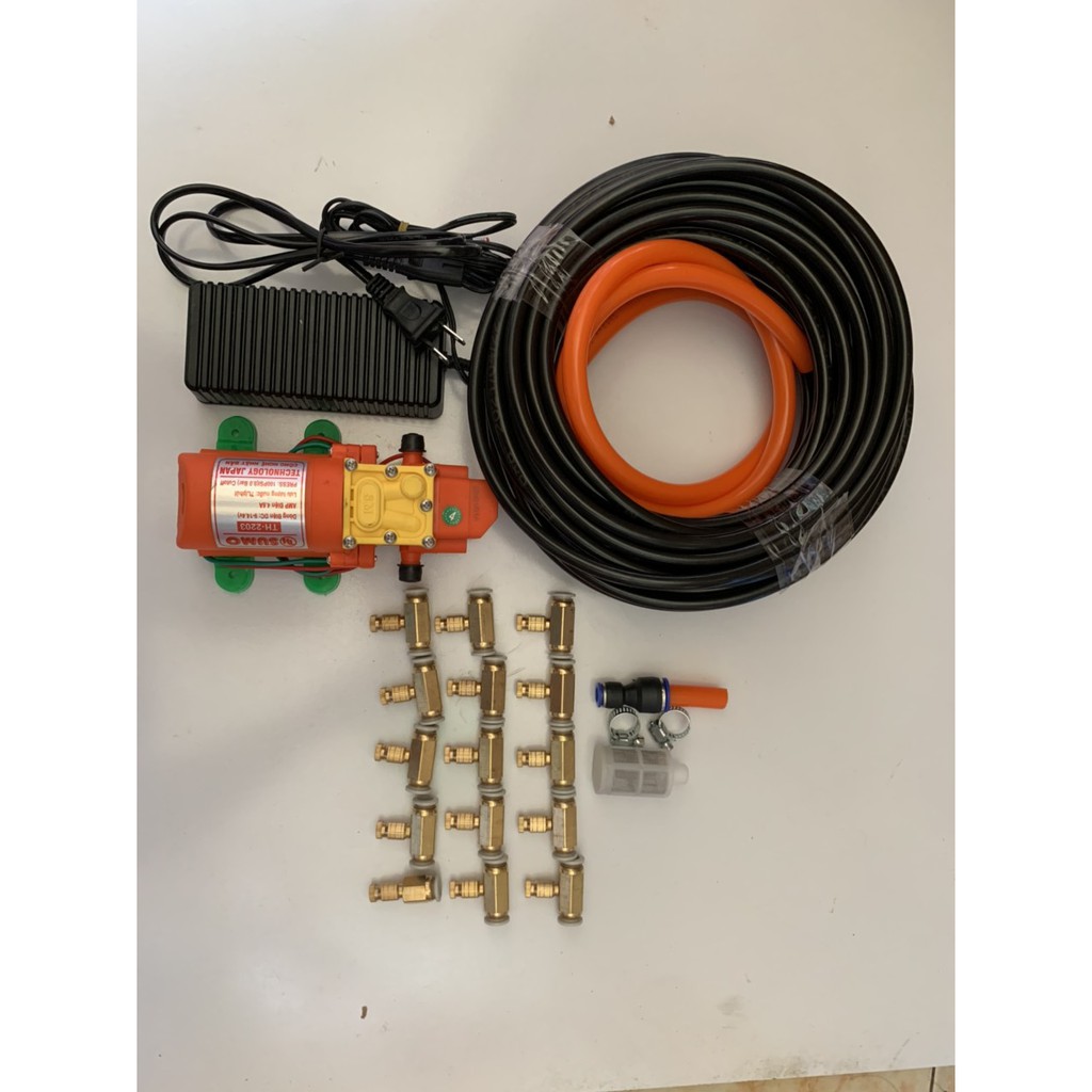 Bộ phun sương. bộ phun sương, tới lan. Bơm Sumo cam kèm ng,uồn 12v_5a. 50m dây phun. 25 béc đồng.