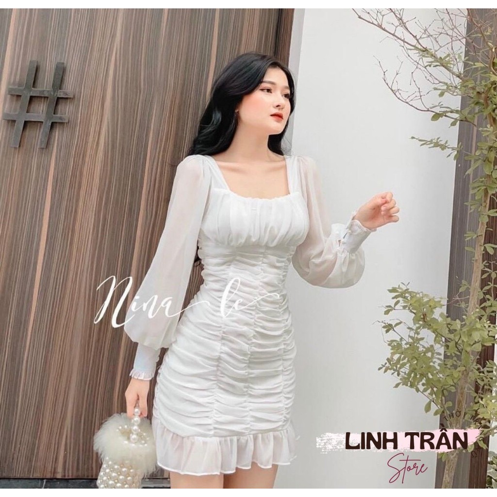 Đầm Trắng Voan Nhún Thân Chân Bèo 2 Lớp 🦋FREESHIP🦋 Váy Body Trắng Tay Dài Nhúng Thân Linh Trần Store