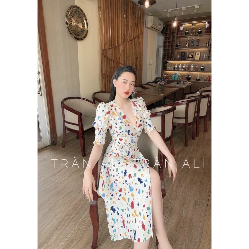 VN51 - VÁY HOA CỔ V CHÉO VẠT SẮC MÀU CHO NỮ | BigBuy360 - bigbuy360.vn