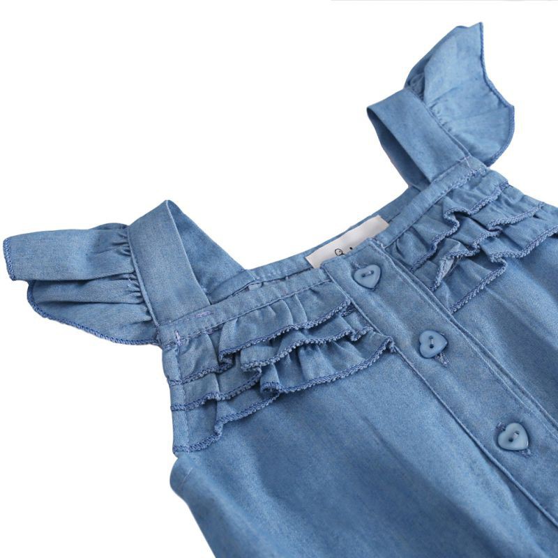 Jumpsuit cotton denim sát nách cho bé gái