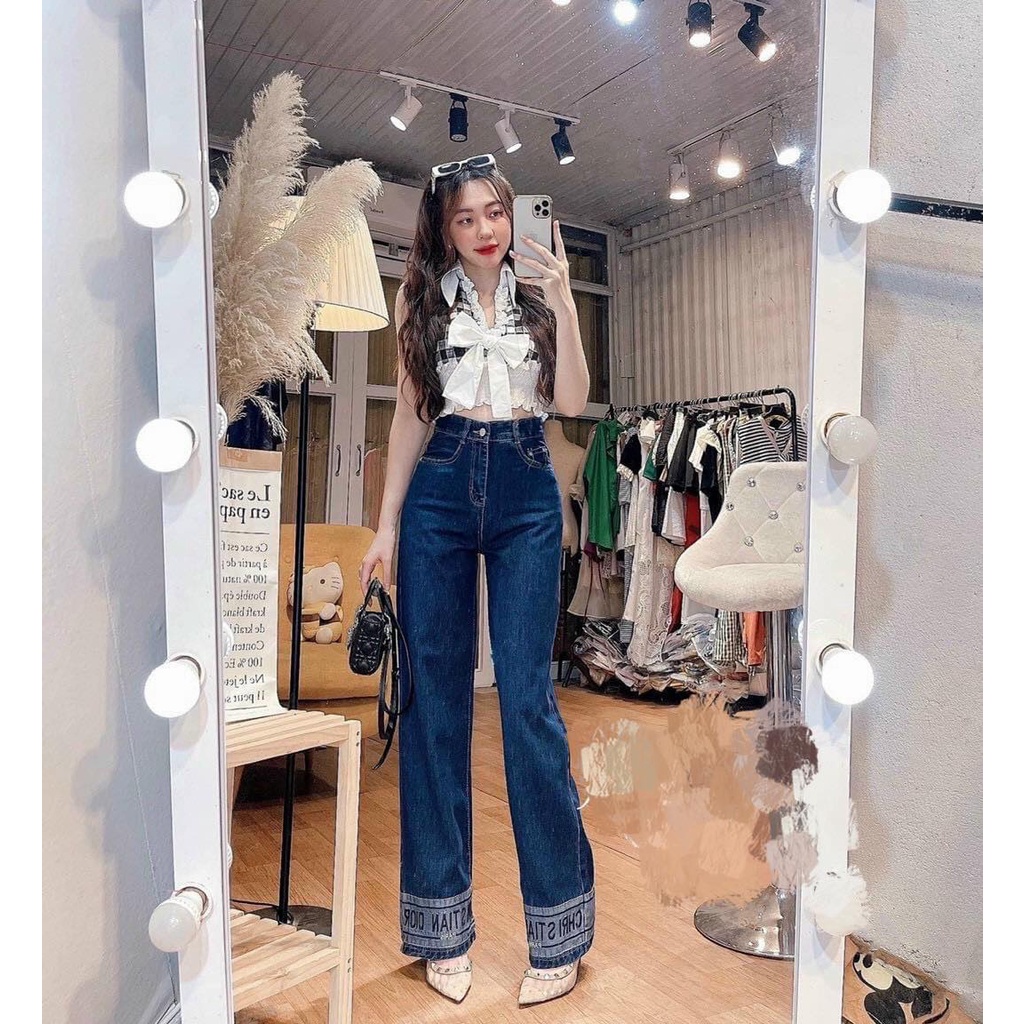 Quần jeans nữ ống đứng thêu lai đậm, nhạt