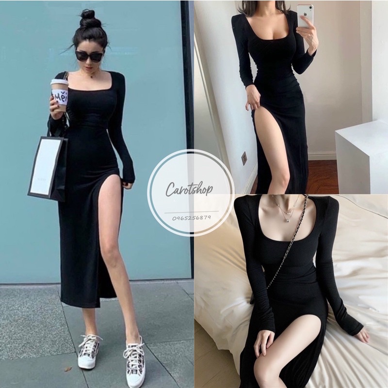 đầm cổ U tay dài xẻ