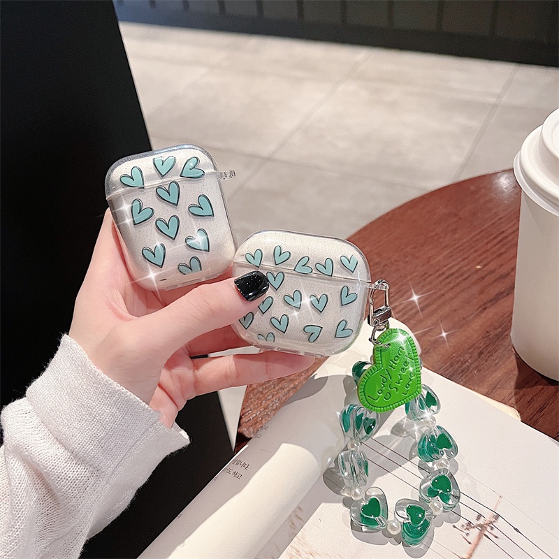 Hộp đựng tai nghe cho AirPods 1 2 3 Pro Long lanh màu xanh lá cây Vòng đeo tay trái tim không dây Bluetooth Vỏ bảo vệ mềm TPU Phụ kiện tai nghe