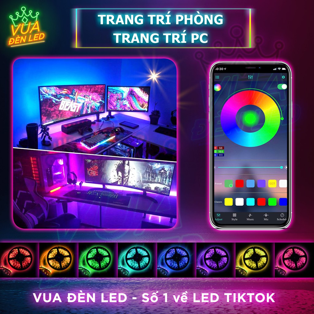 Đèn Led Tiktok 5m Điều Khiển Bằng App Điện Thoại 16 Triệu Màu, Pha Màu DIY 5050 RGB Nháy Theo Nhạc Trang Trí Phòng Ngủ