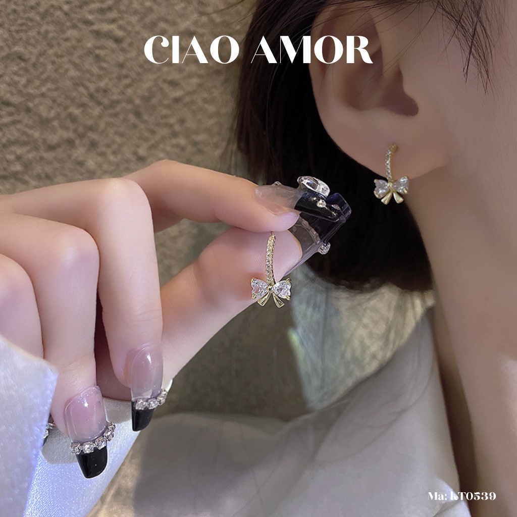 Khuyên tai nữ, Bông tai nụ thanh đính nơ ngắn mảnh dễ thương Trang sức Ciao Amor - KT0539