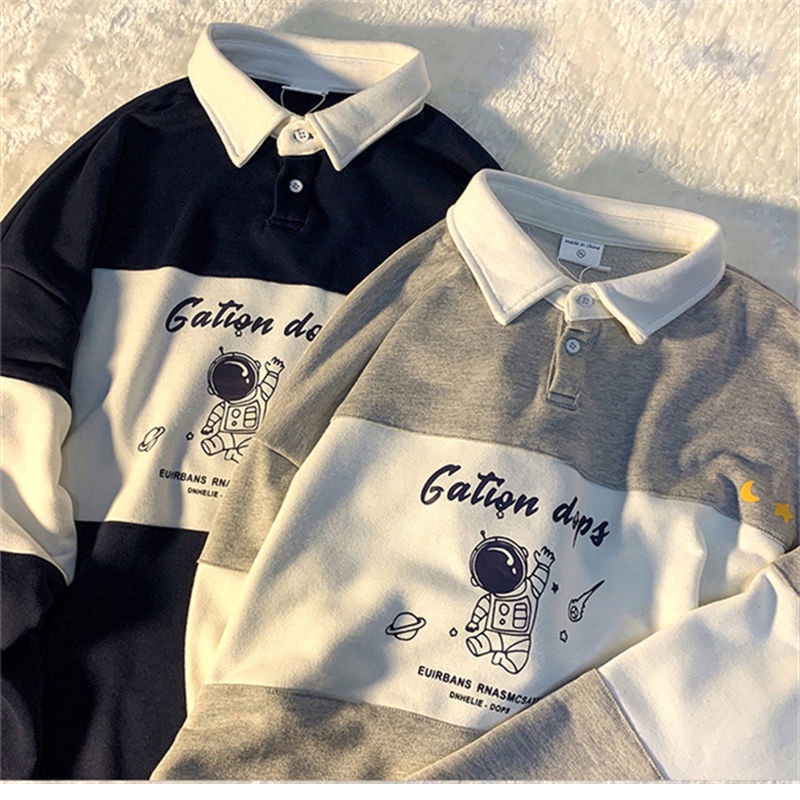 Áo thun cổ polo tay dài dáng rộng in chữ và hình thời trang mùa thu cho nữ