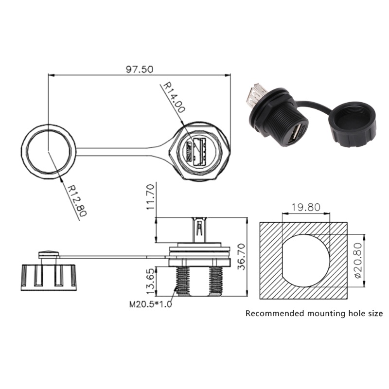 Ổ Cắm Kết Nối USB 2.0 Chống Nước IP67 Có Nắp Đậy