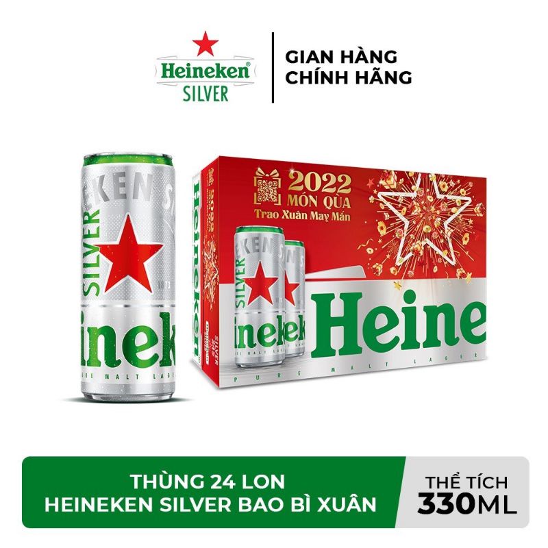 Trao Xuân May Mắn - Thùng bia Heineken Silver (ken bạc) lon cao 330ml 24 lon (Date xa 18/09/2022)