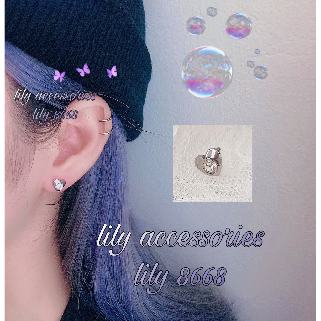 Heart Earring khuyên tai titan trái tim đính đá không gỉ không đen không dị ứng nam nữ Unisex