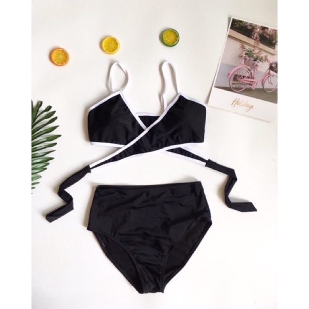 Bikini 2 mảnh cạp cao đen đắp chéo viền trắng