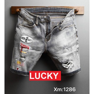 QUẦN SHORT JEAN NAM RÁCH CHẤT BÒ XÁM PHỐI LOGA CAO CẤP VS1286 LUCKY SHOP