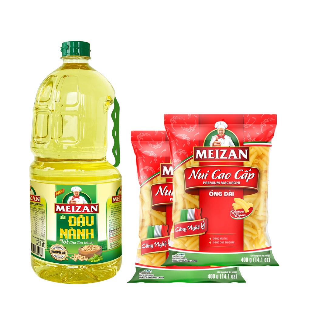 Combo 1 chai Dầu đậu nành Meizan 2L và 2 gói Nui ống Meizan 400g/gói