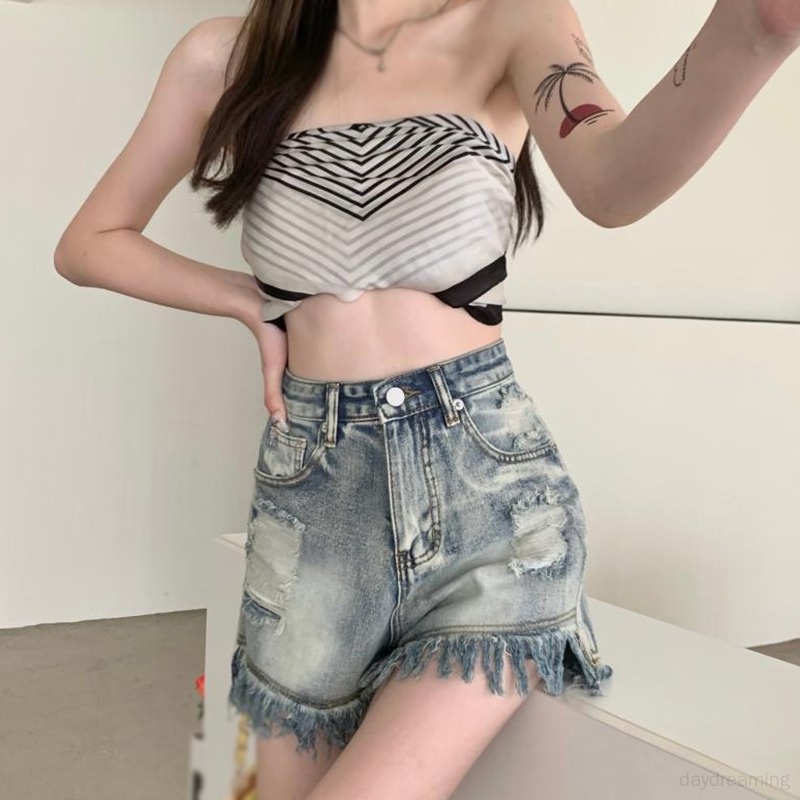 Quần Short Denim Mỏng Lưng Cao Dáng Ôm Kiểu Retro Hàn Quốc Cá Tính