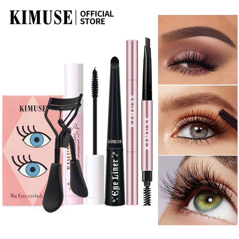 Bộ 4 Món KIMUSE Gồm Bút Kẻ Mày 2 Đầu Chống Nước + Mascara Dày Mi + Bút Kẻ Mắt Dạng Lỏng + Dụng Cụ Bấm Cong Lông Mi 100g