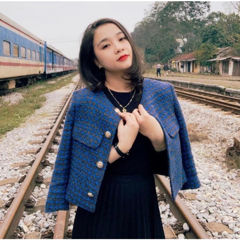Áo khoác dạ tweed màu xanh nước biển Zara authentic