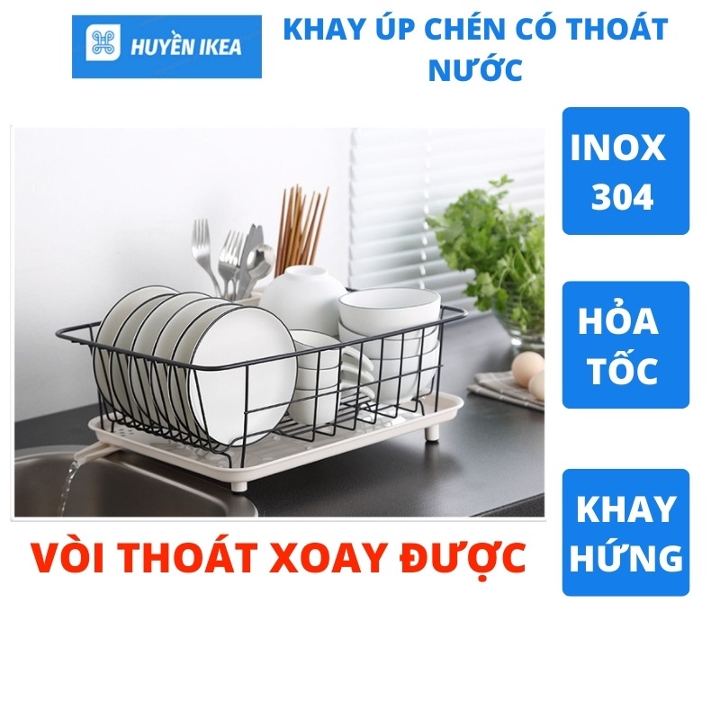 Rổ Úp Chén Bát Inox 304 Thông Minh Có Khay Hứng Nước