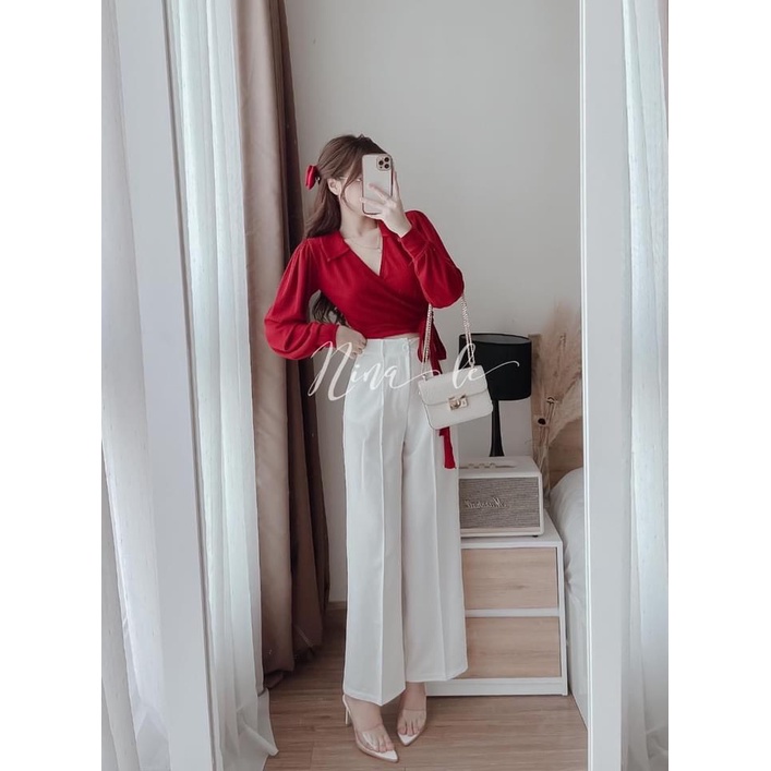 Set áo chéo vạt thắt nơ mix quần sớ