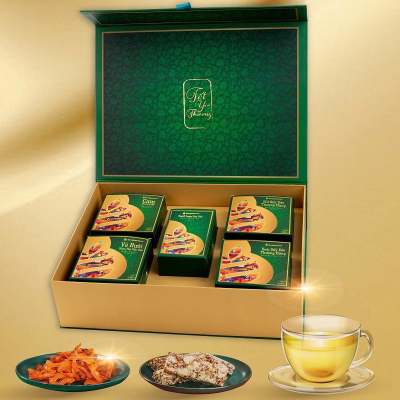Hộp quà Tết Sum Vầy Nonglamfood cao cấp gồm hoa quả sấy và trà ô long tặng gia đình, cơ quan. | BigBuy360 - bigbuy360.vn