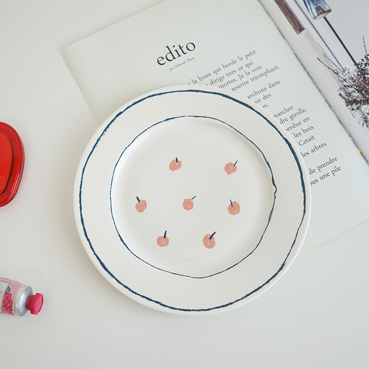 Đĩa sứ viền xanh cherry hồng cao cấp xinh xắn