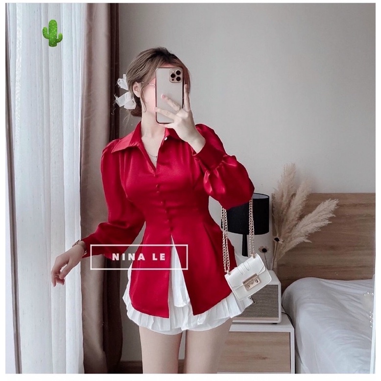 Áo somi tiểu thư nơ sau phi lụa xẻ tà cúc bọc - HÀNG LOẠI 1