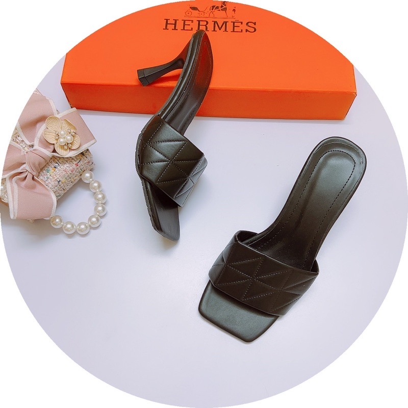 Guốc quai bản chần chỉ gót Nhọn 7p da lì-Ảnh chụp thật