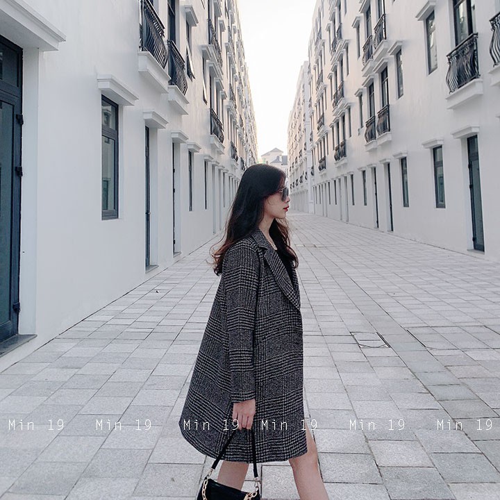 Áo vest nữ blazer công sở Hàn Quốc 2 lớp kẻ caro dáng dài form rộng bigsize cá tính màu đen nâu thời trang | BigBuy360 - bigbuy360.vn