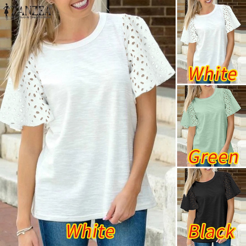 Áo thun dệt kim phối ren ZANZEA màu trơn dáng rộng thời trang đường phố châu Âu cho nữ