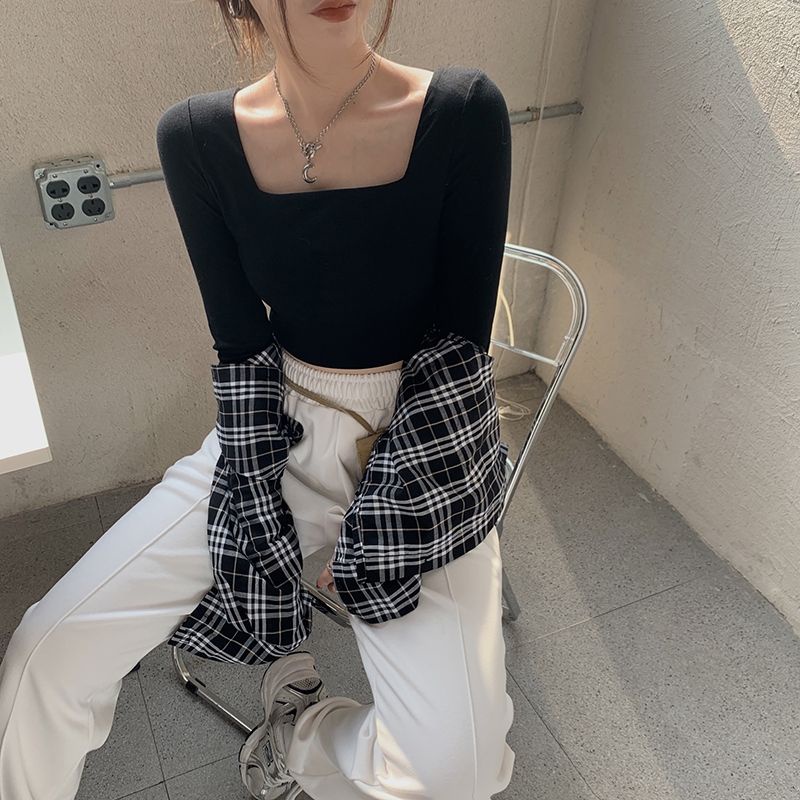 Áo Croptop Tay Dài Cổ Vuông 3 Màu Đen - Trắng - Nâu , Áo Croptop Nữ Phong Cách Hàn Quốc