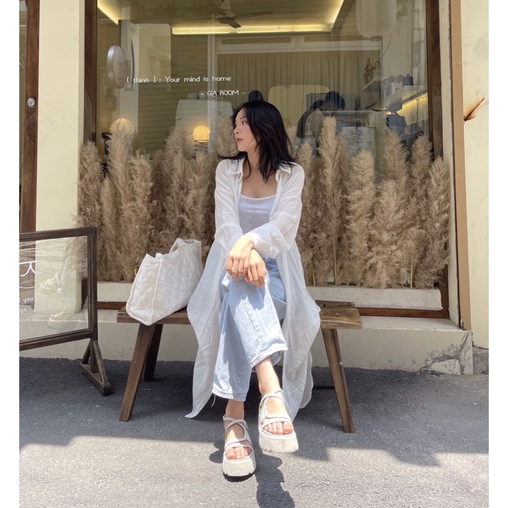 WEDNESDAY Áo sơ mi chất vải tơ linen dáng dài hàn quốc- Long Shirt