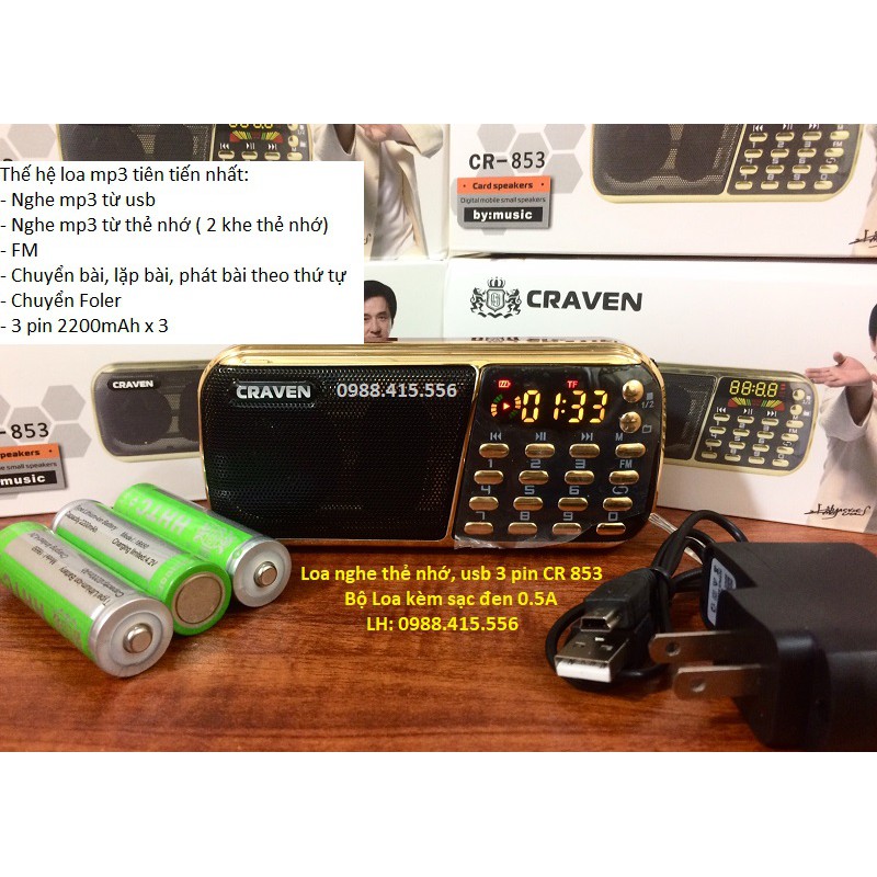 Loa nghe thẻ nhớ, Usb, FM 3 pin Craven CR 853